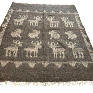 VTG Gray Woolen Reindeer Rabbit Pattern Blanket Throw Fringe Edges Handloom